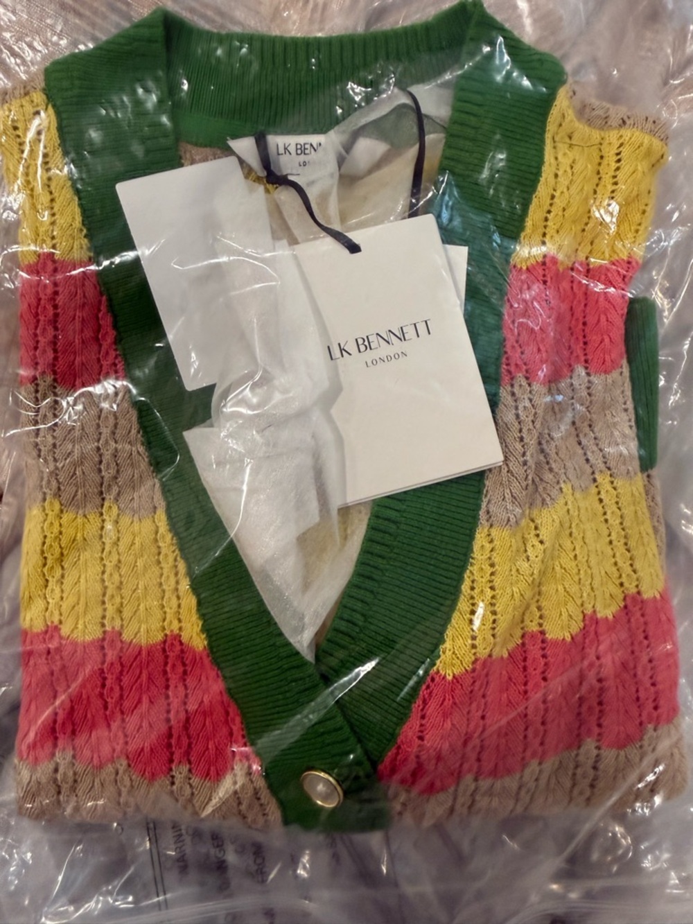 LK Bennett Pink, Yellow & Green Striped V-Neck Cotton Cardigan - Picture 11 of 11